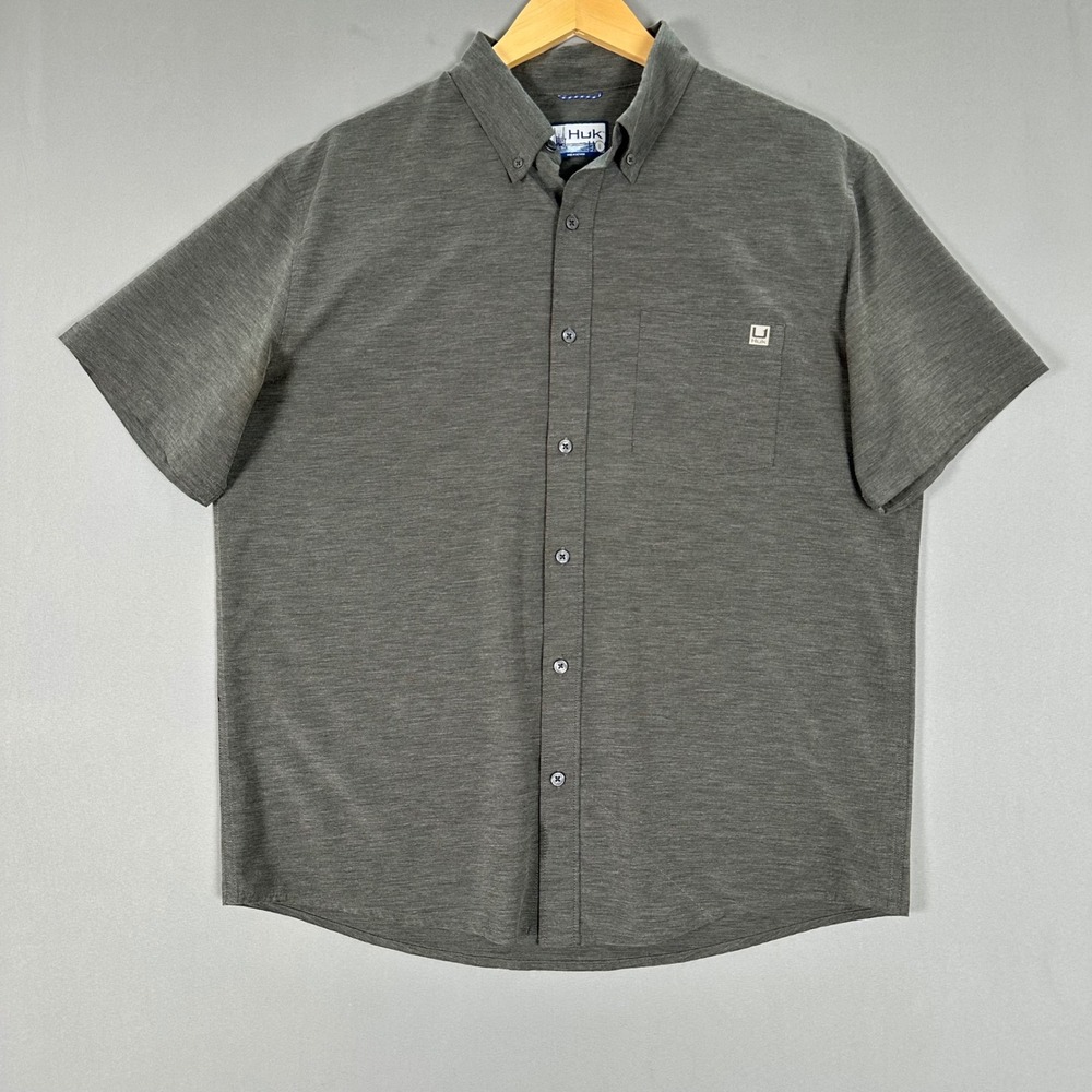 Huk Mens Short Sleeve Button Down Fishing Shirt Gray Heather Stretch Large